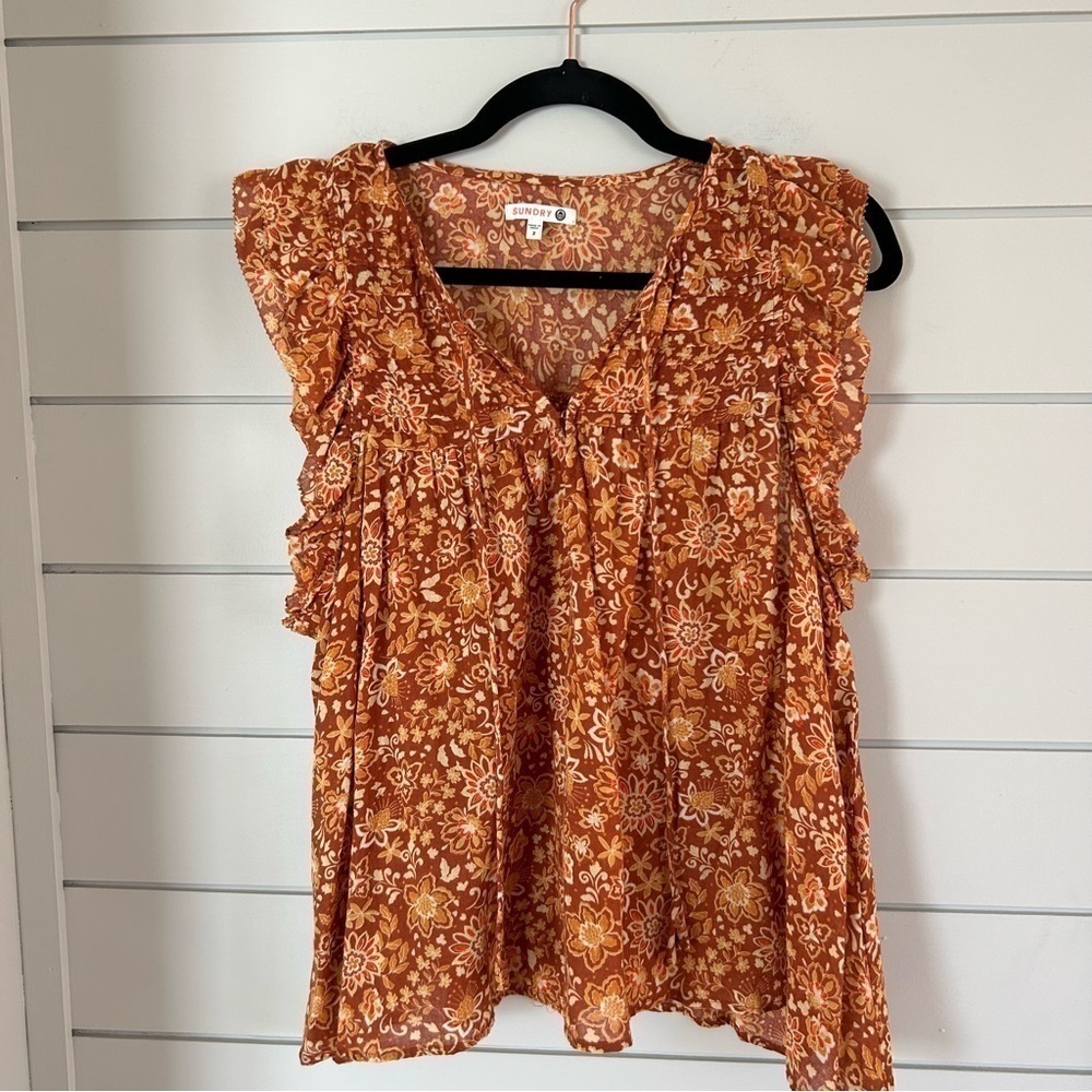 Sundry Evereve Floral Flutter Top, Warm Tones, Cotton, Size 2
